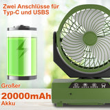 SWANEW Camping ventilator mit Haken & LED-Laterne, Tragbar 20000mAh Akku 2-in-1 Zeltventilator, 270° schwenkbar 3 Geschwindigkeiten, USB Ventilator