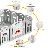 SWANEW Laufgitter Baby Sicherheitszaun Laufstall Faltbar 14-Paneele, Babyzaun mit Tür, Spielbrett und Krabbelmatte, 150cm*150cm, Grau